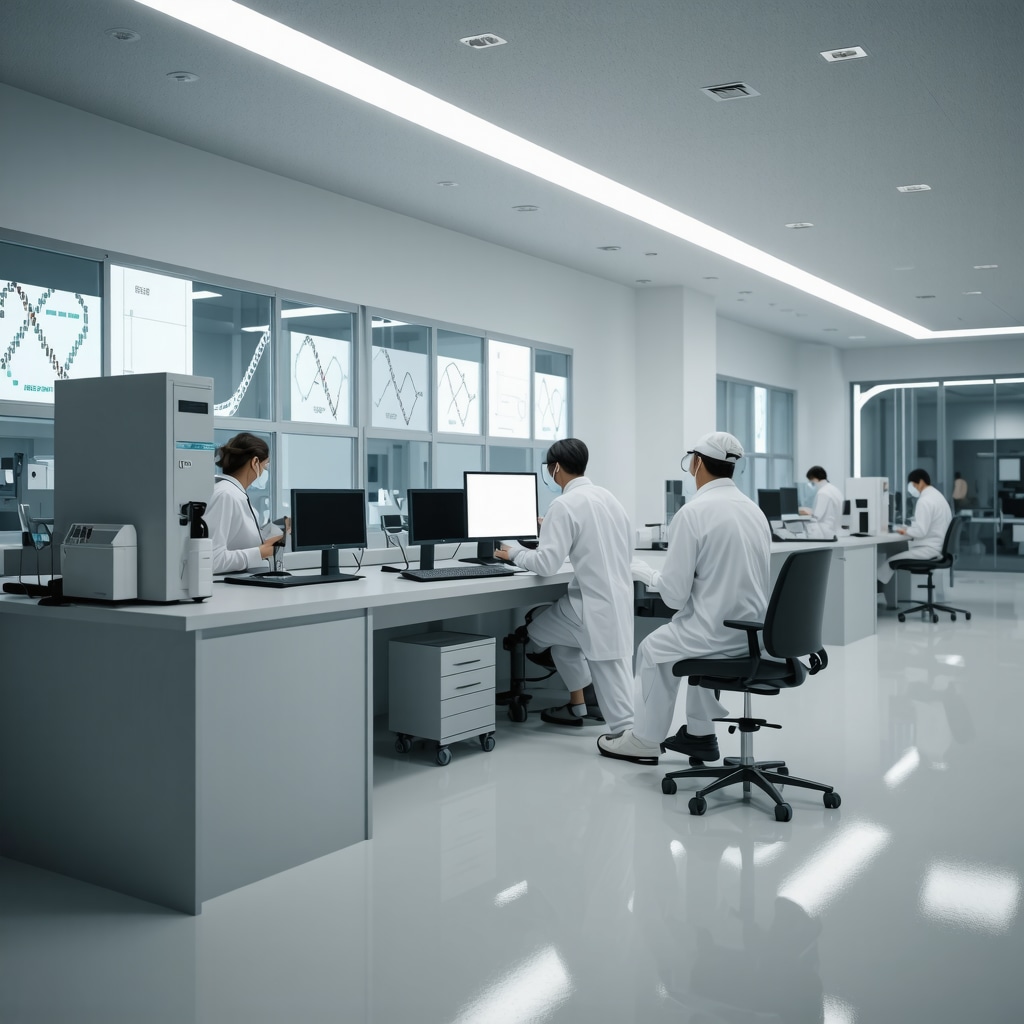 Modern medical lab with AI interfaces analyzing hormone data and genetic sequences representing advanced BHRT personalization