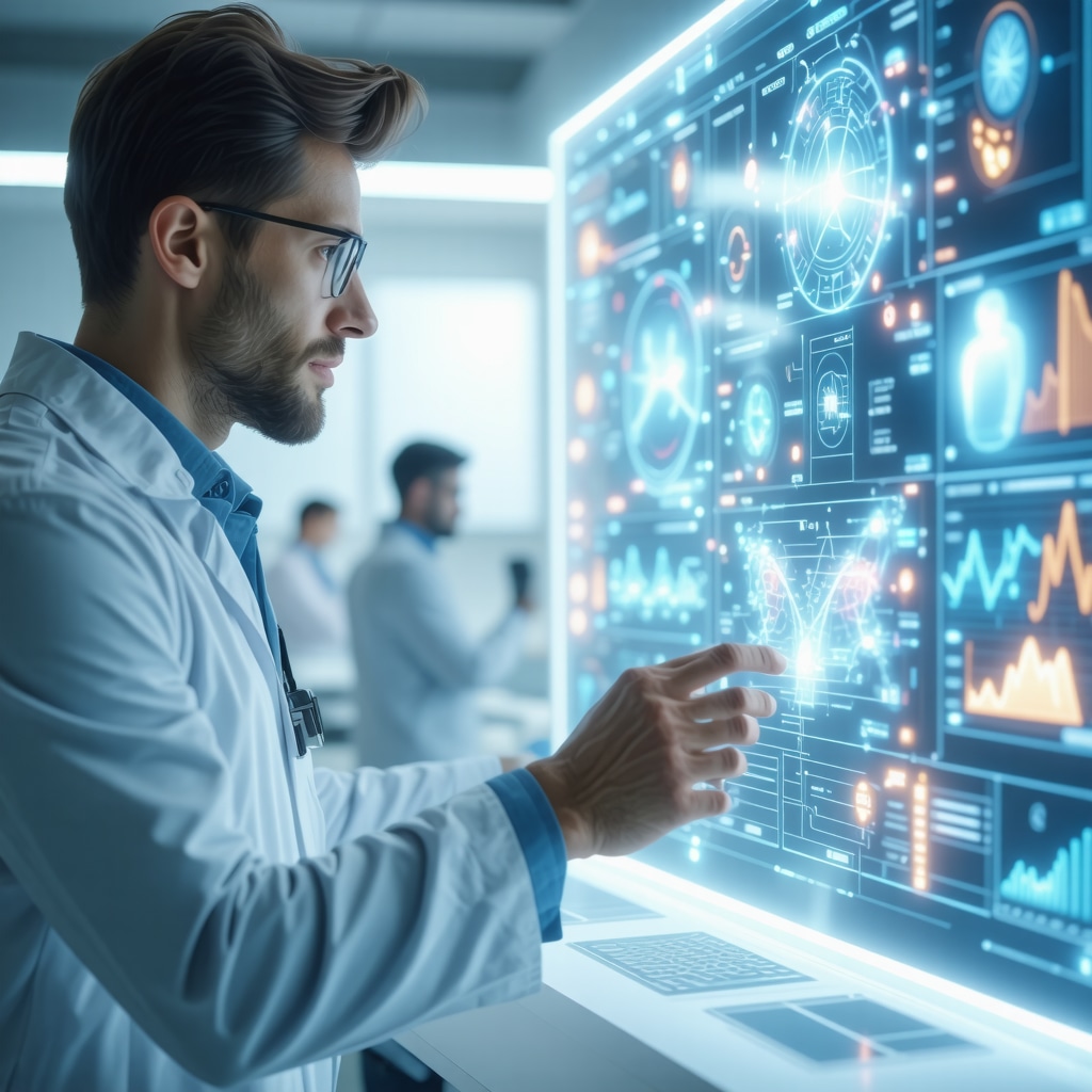 Male patient consulting with AI-based genomic and hormone data displays for personalized testosterone therapy