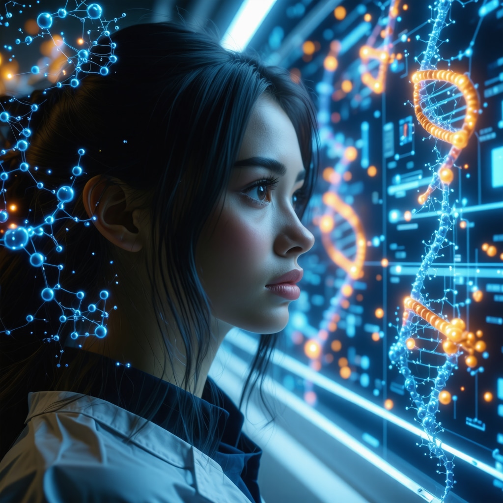 AI analyzing hormone profiles with DNA and hormone molecule graphics in a futuristic lab setting