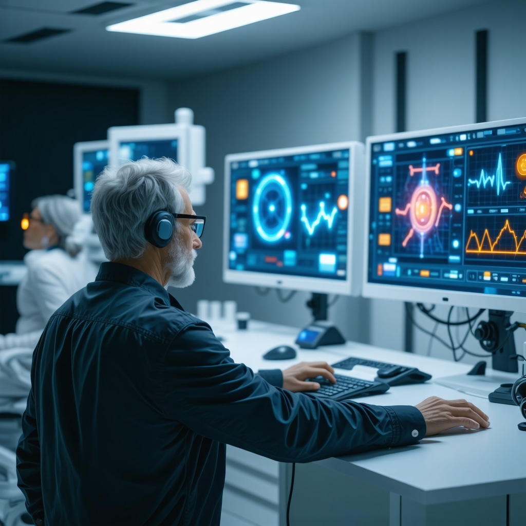 Patient with wearable biosensors connected to AI system displaying hormone levels