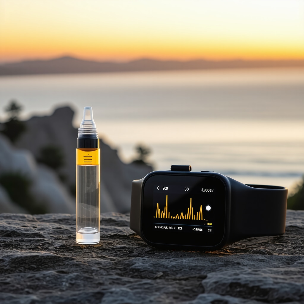 Hormone pellet implant and wearable device monitoring circadian hormone levels with San Diego sunrise background