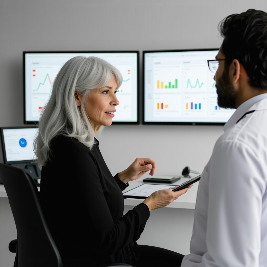 Middle-aged woman consulting with hormone specialist with digital hormone and genetic data charts visible