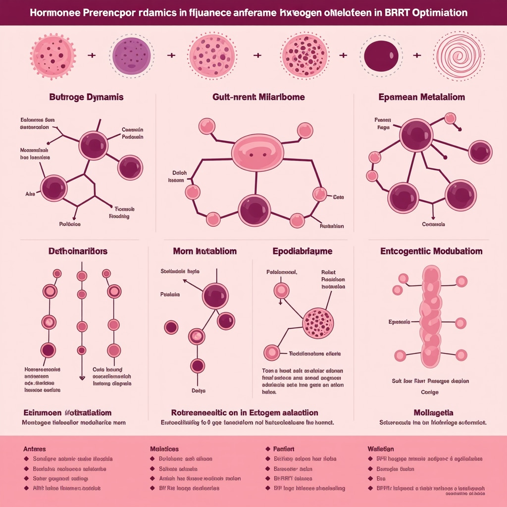 Infographic depicting hormone receptor function, gut microbiome estrobolome, and epigenetic influences in BHRT