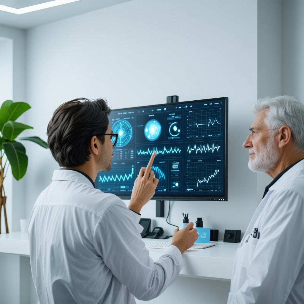 Patient using AI-driven digital dashboard for personalized BHRT monitoring in a modern San Diego clinic