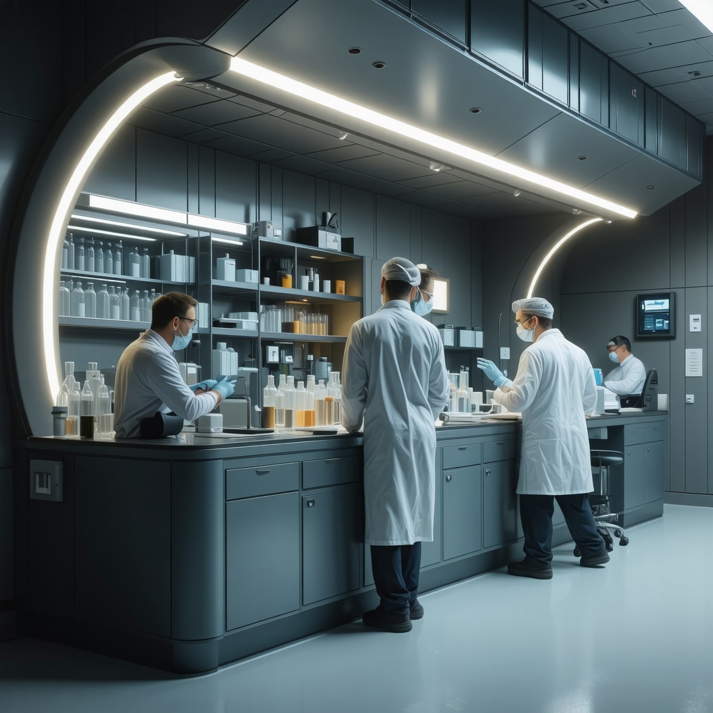 Futuristic medical lab with genomic data and biosensor technology used in testosterone hormone therapy