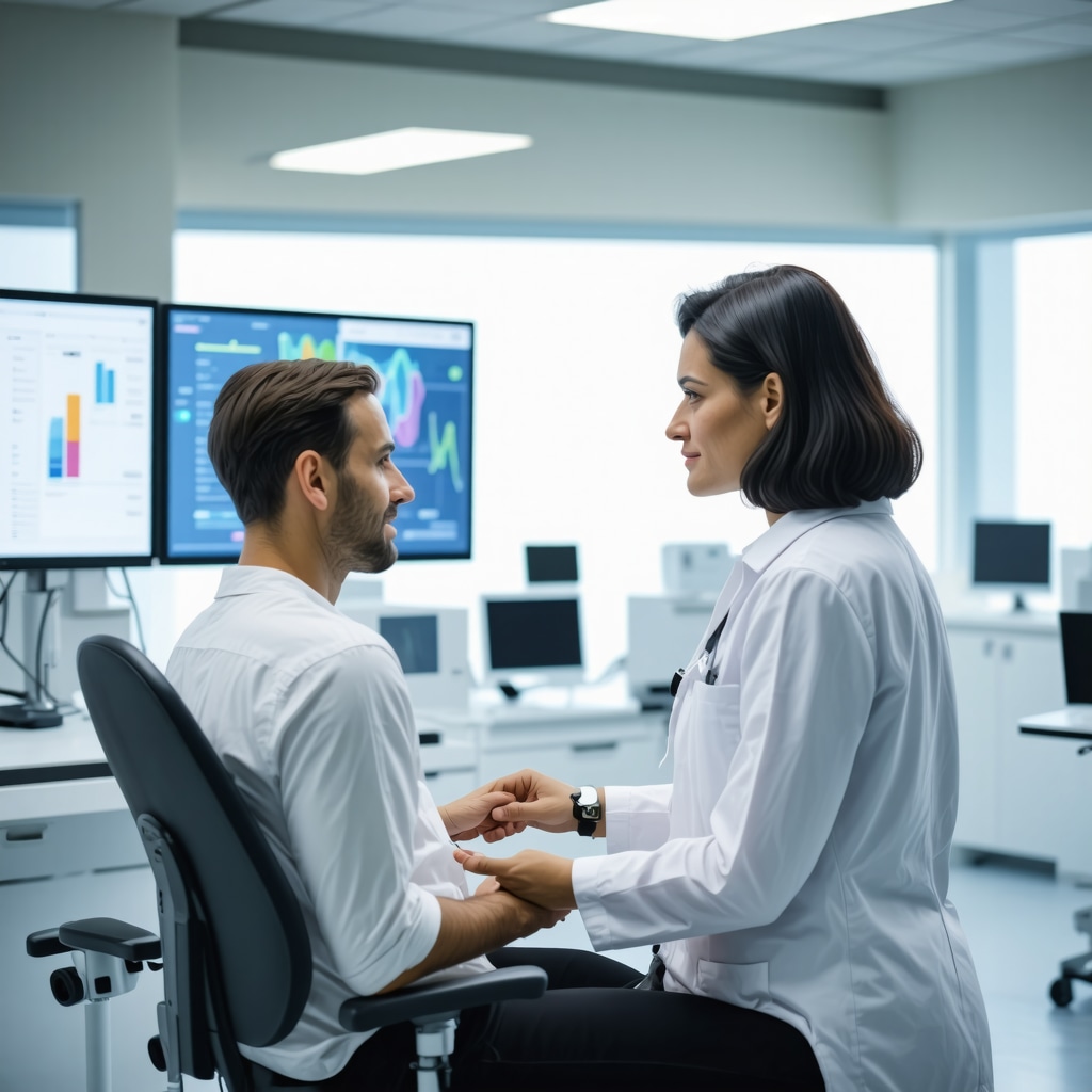 Patient and healthcare professional using wearable biosensors and digital screens for hormone monitoring in a modern clinic
