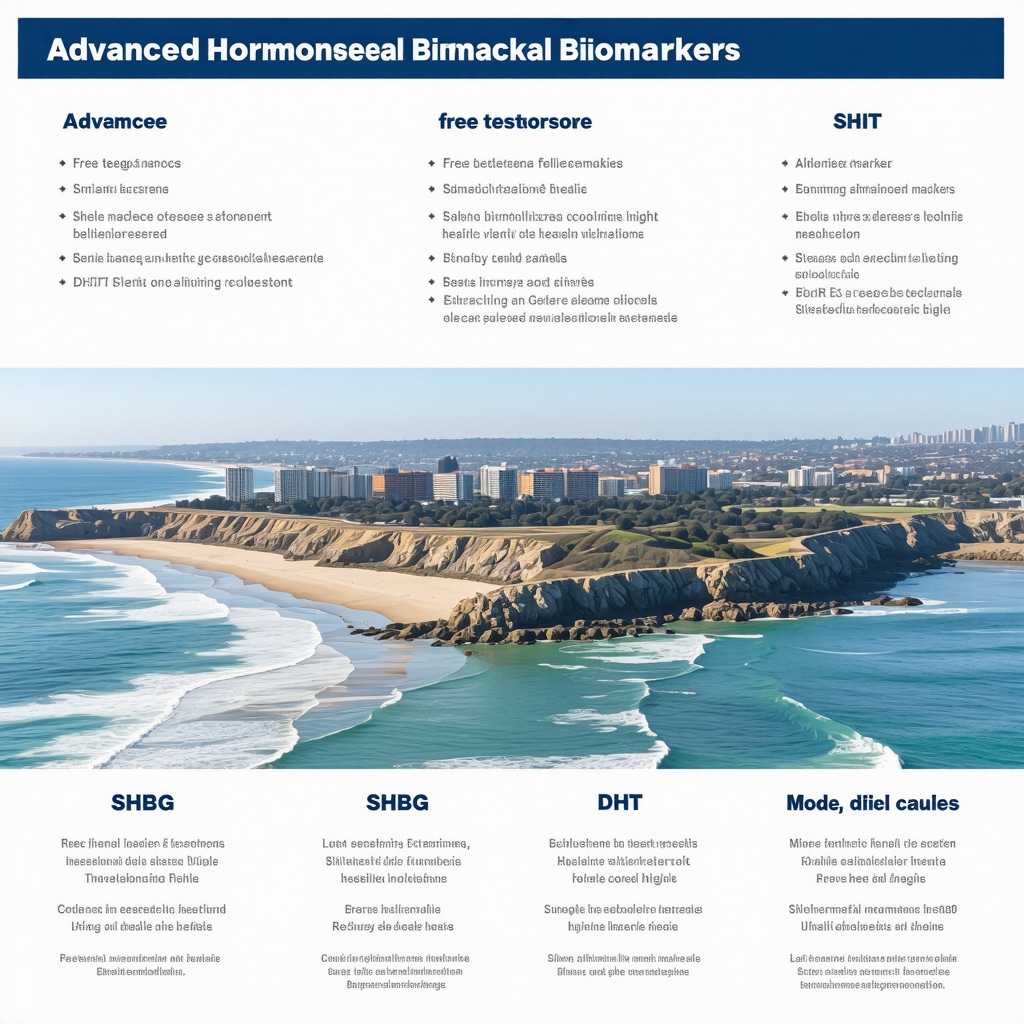 Infographic illustrating advanced hormonal assays and genetic factors relevant to testosterone therapy with San Diego coastal imagery