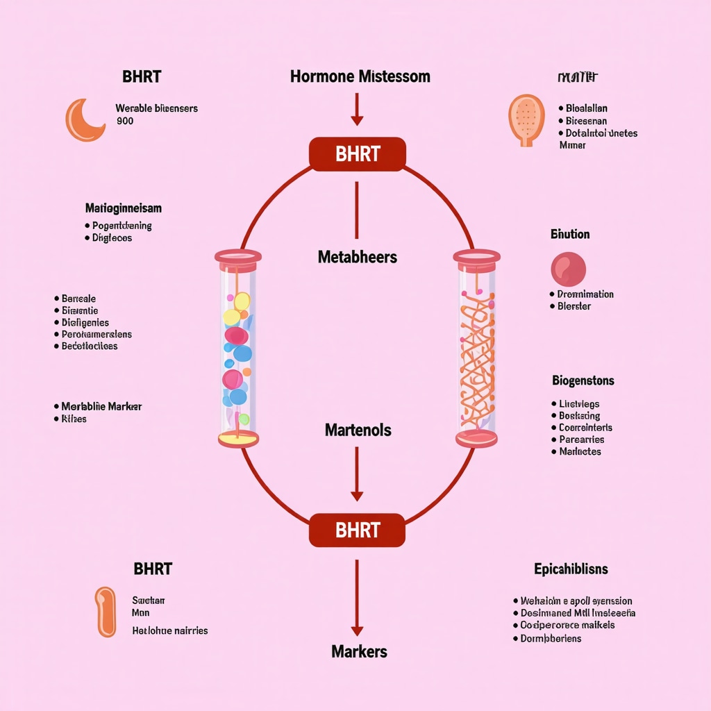 Infographic depicting hormone metabolism, epigenetic markers, and wearable biosensors integration in personalized BHRT