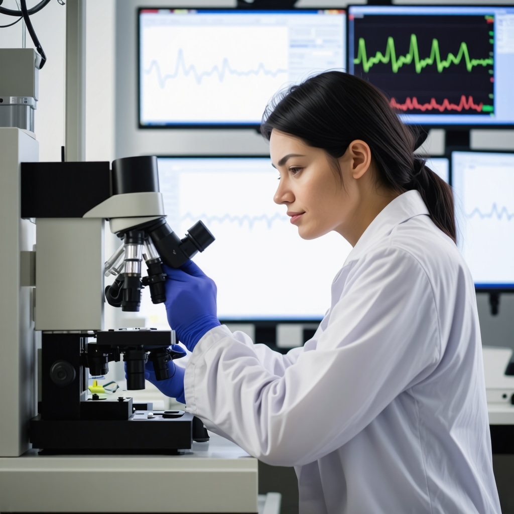 Clinical lab technician performing hormone metabolite analysis with high-tech equipment
