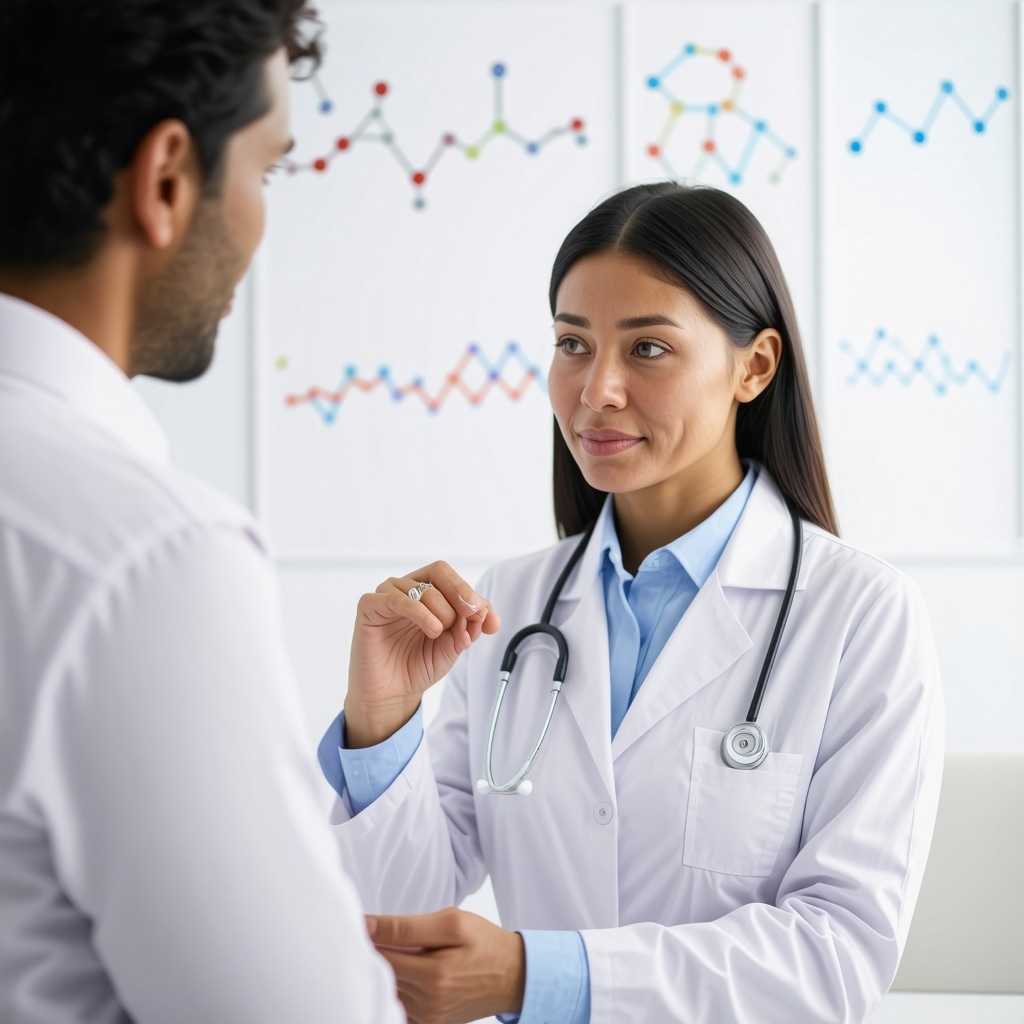 Clinician discussing advanced hormone pellet therapy with peptide and nutraceutical integration, featuring molecular and circadian rhythm visuals