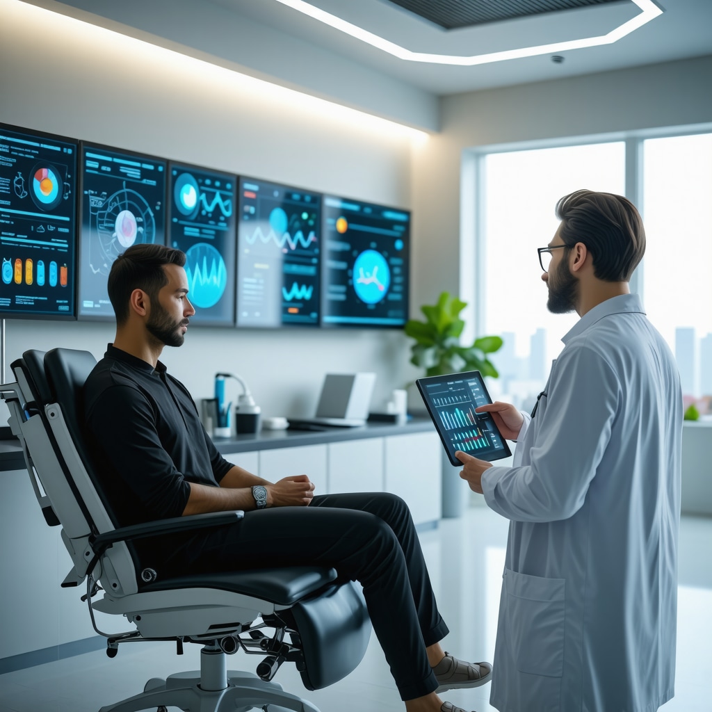 Digital dashboard displaying hormone biomarkers, wearable health sensors on patient, doctor analyzing epigenetic data