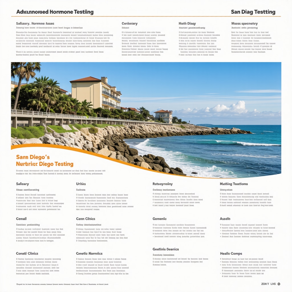 Infographic showing hormone testing methods and genetic nutrigenomics with San Diego clinic imagery