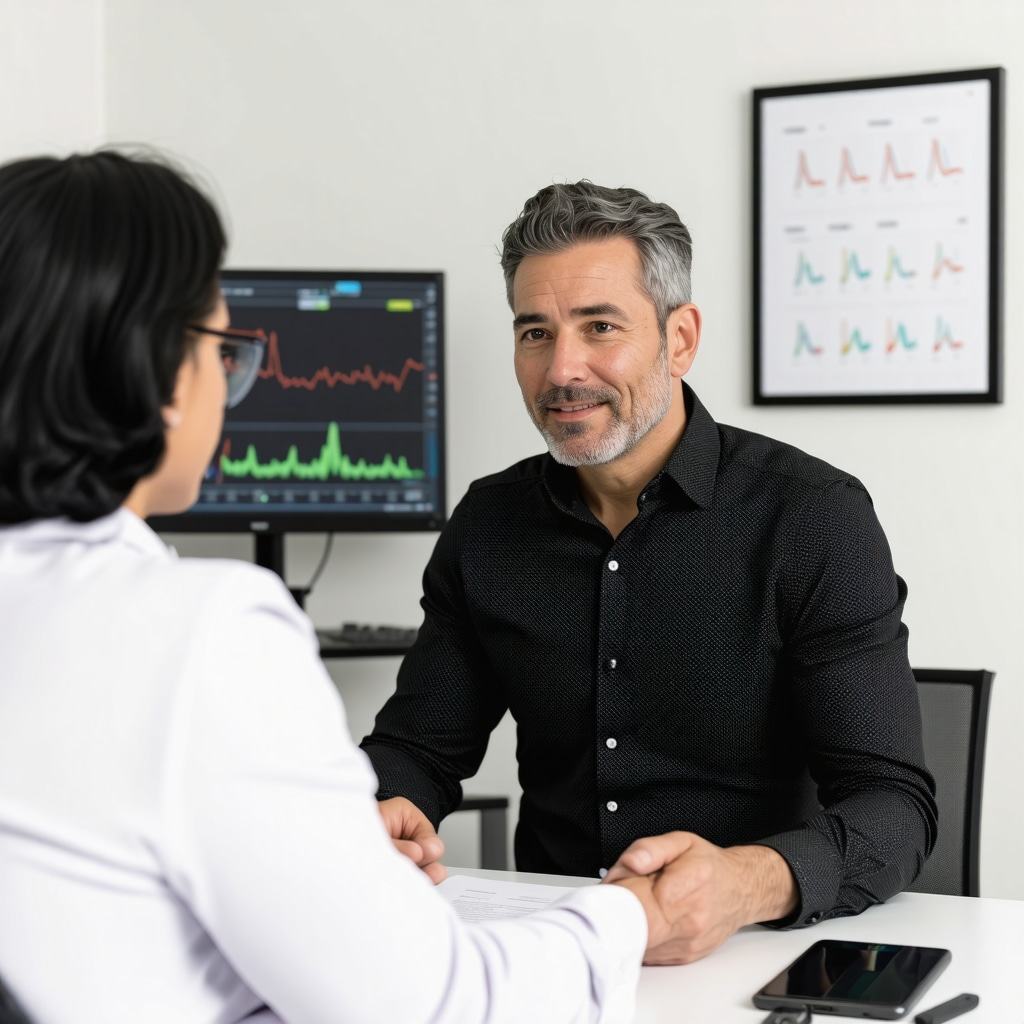 Middle-aged man consulting with hormone specialist about personalized testosterone therapy using advanced biomarker data