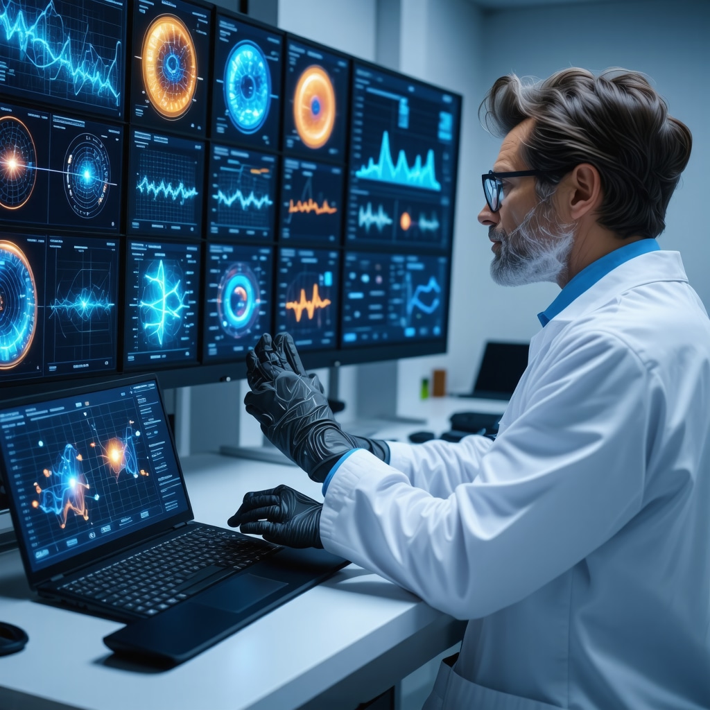 Healthcare professional analyzing hormone therapy data using digital tools and wearable biosensor readouts
