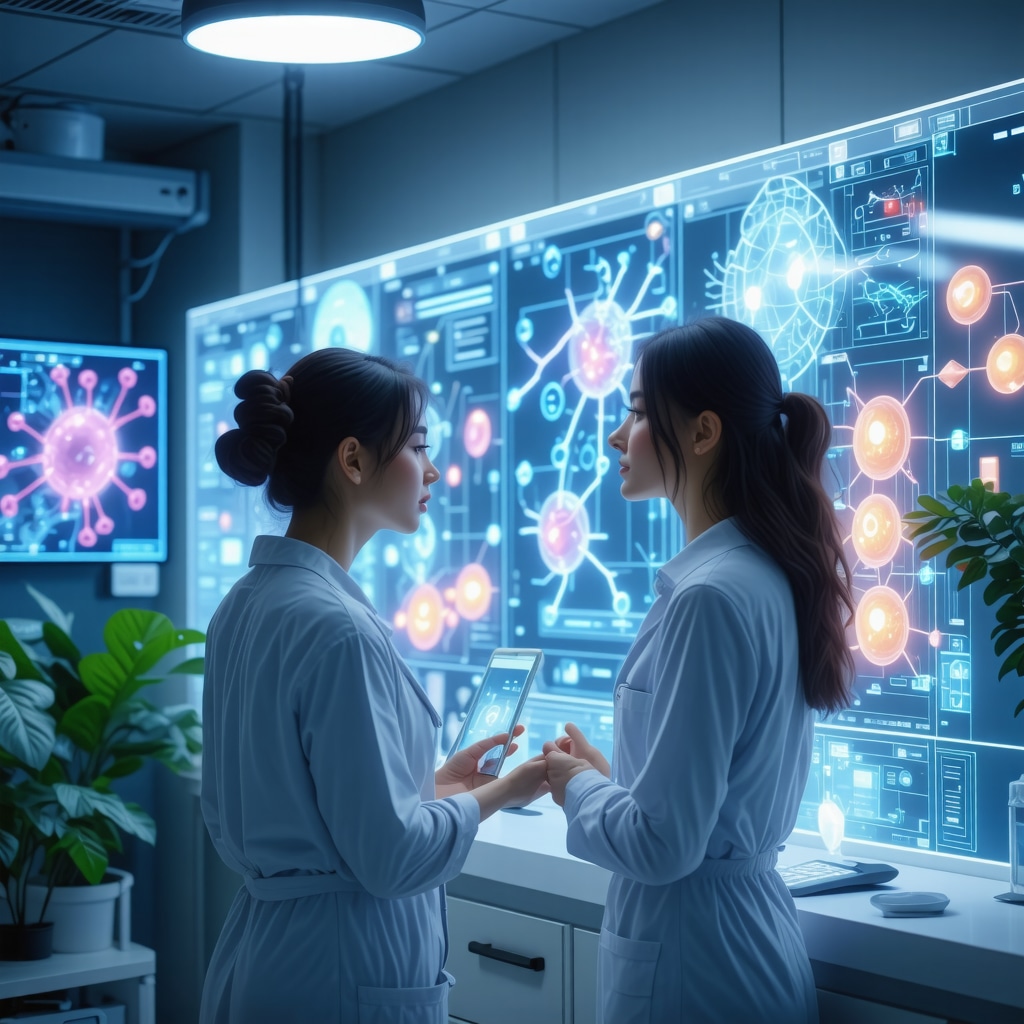Patient and clinician discussing advanced hormone therapy with digital displays of molecular structures and biosensors