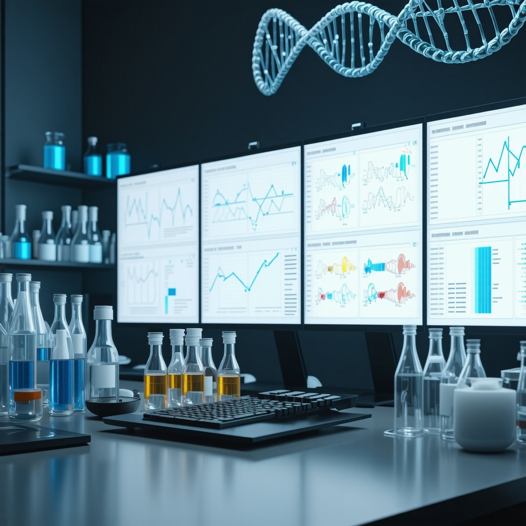 Laboratory digital screens showing multi-omic data and DNA sequencing for personalized BHRT