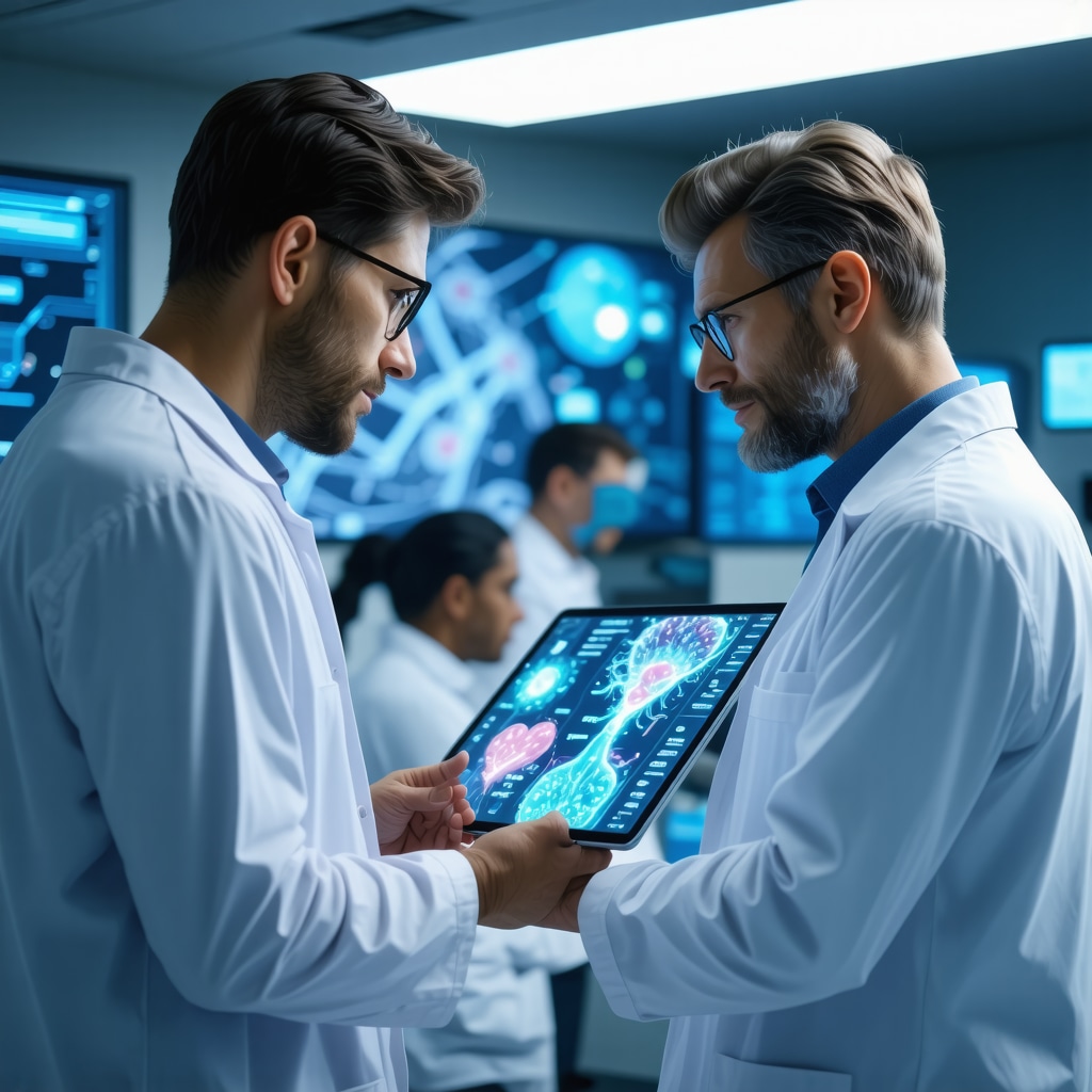 Male patient discussing personalized hormone therapy with clinician using genomic data and wearable health technology visuals