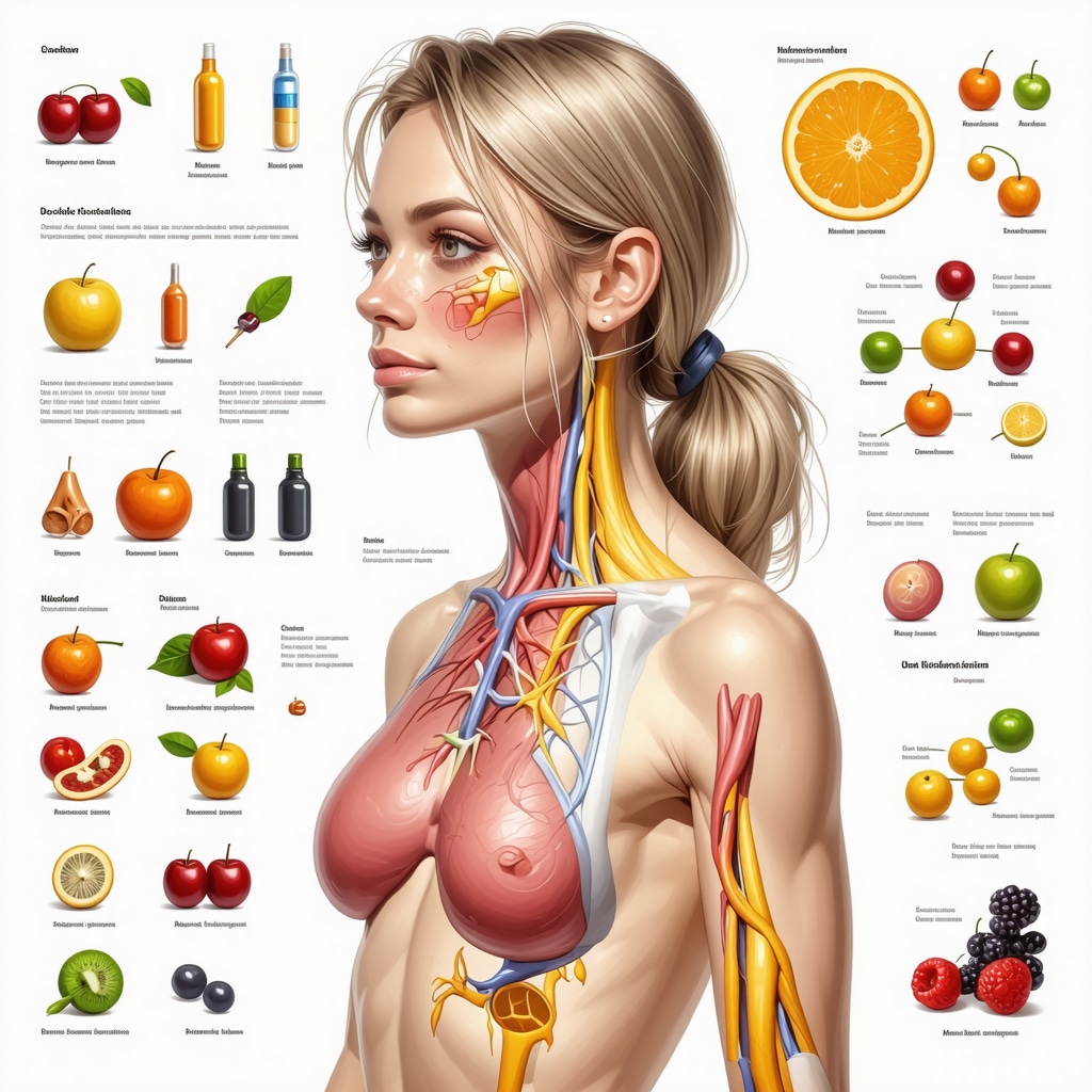 Illustration of female endocrine system with hormone implants, genomic data, and lifestyle factors