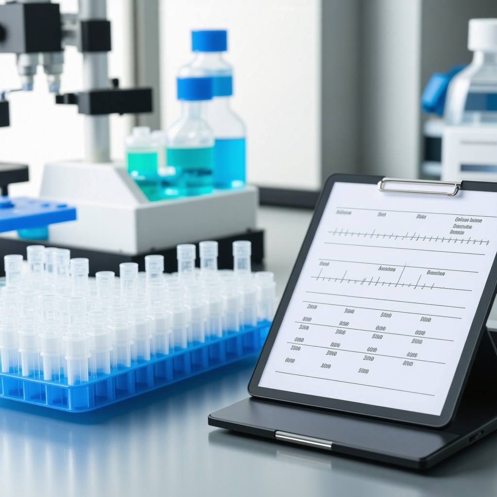 Medical laboratory with hormone assay instruments and genetic testing reports representing precision hormone therapy