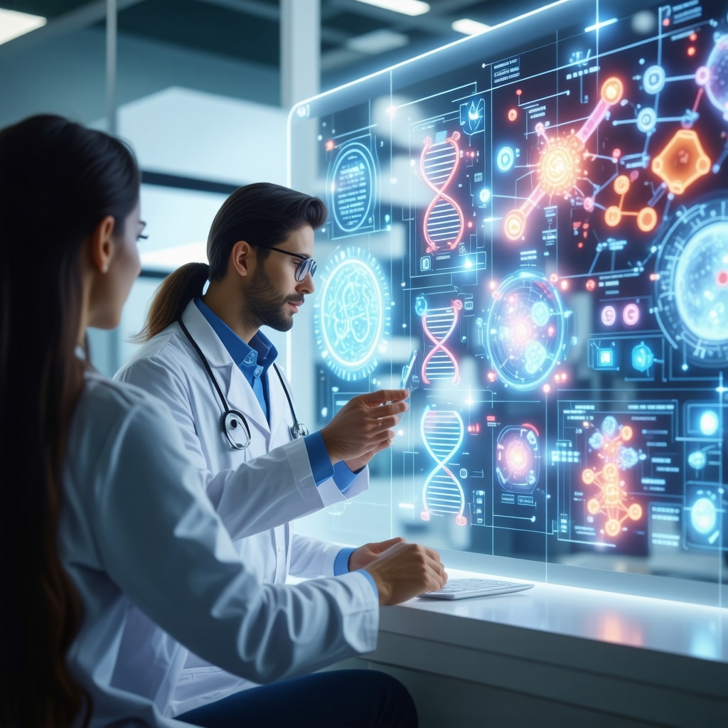 Specialist and patient reviewing hormone biomarker and genetic data on digital display in clinic