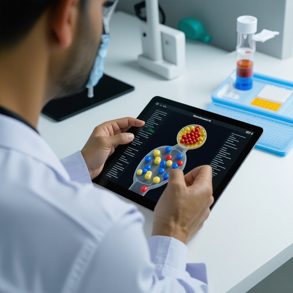 Doctor reviewing hormone levels on digital tablet with patient wearing hormone biosensors and 3D rendered hormone pellets