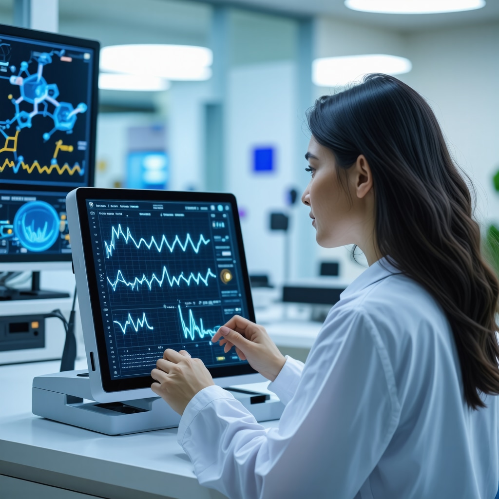 Patient using digital hormone monitoring device with hormone molecular structures and data charts in a modern clinic environment