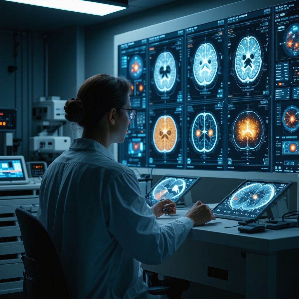 Doctor reviewing neuroendocrine imaging and hormone profiles with high-tech hormone delivery systems
