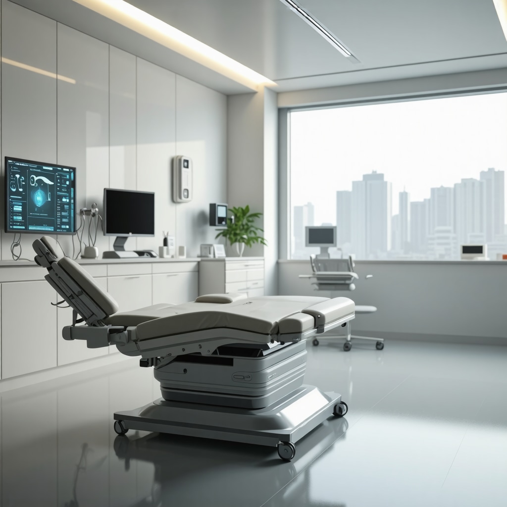 Futuristic clinic setting with digital hormone monitoring and microchip implant illustration
