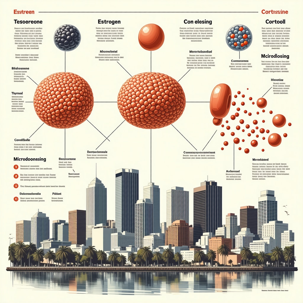 Infographic showing testosterone, estrogen, cortisol, thyroid hormone interactions and innovative TRT delivery methods with San Diego backdrop