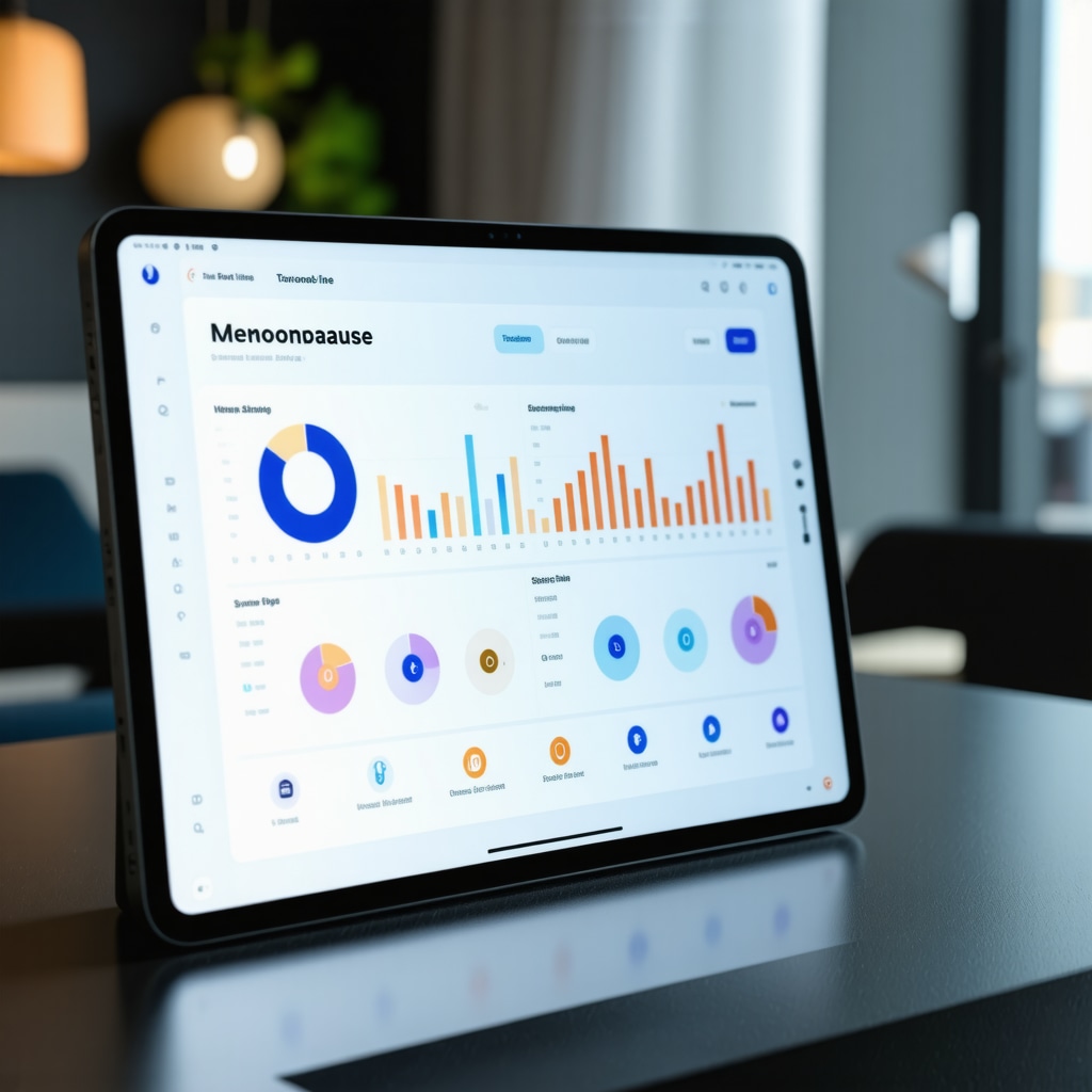Tablet displaying real-time symptom tracking and hormone therapy adjustments for menopause in a clinical setting