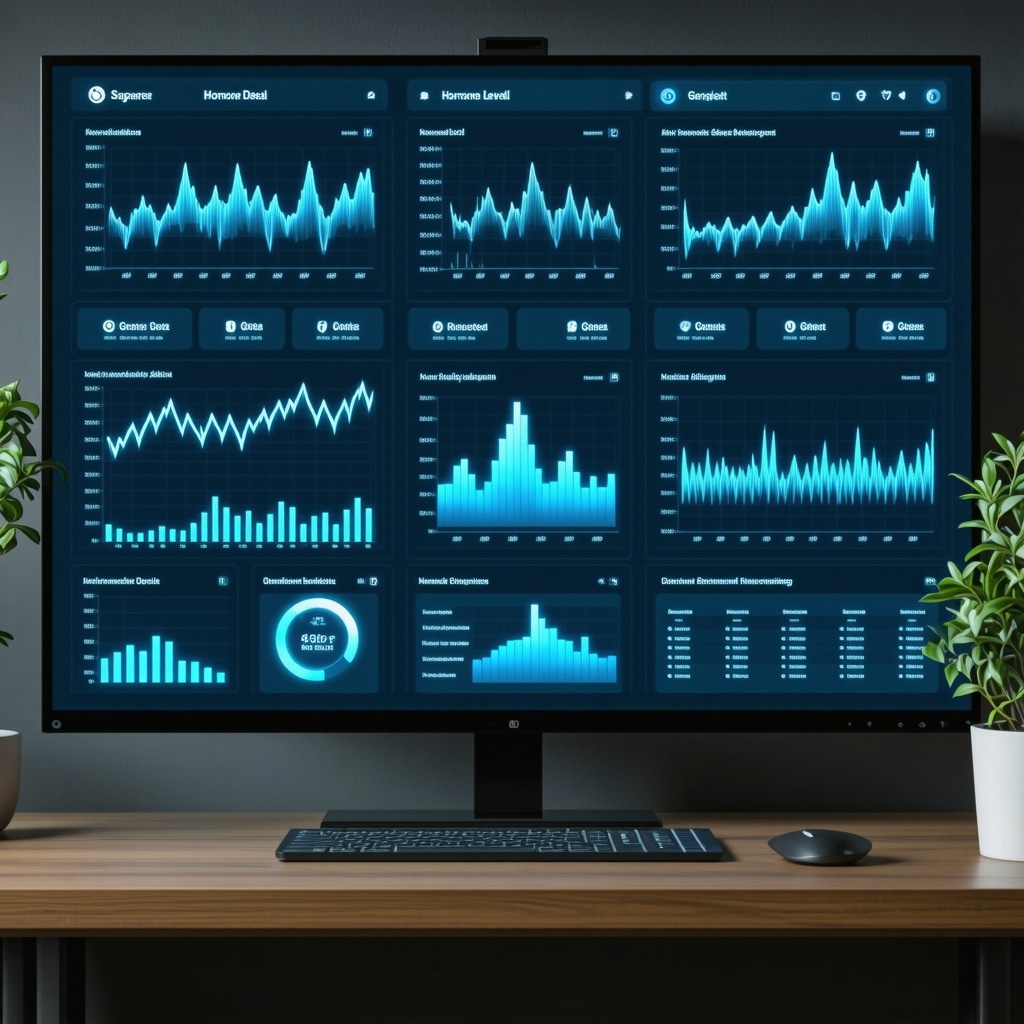 Digital dashboard showing hormone levels, genetic testing results, and symptom tracking graphs for advanced menopause treatment