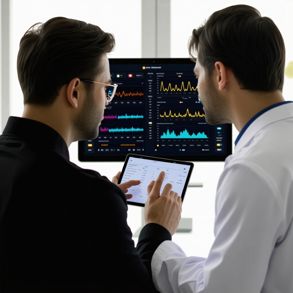 Clinician and male patient analyzing advanced biomarker data and AI-driven hormone therapy analytics on tablet in San Diego clinic