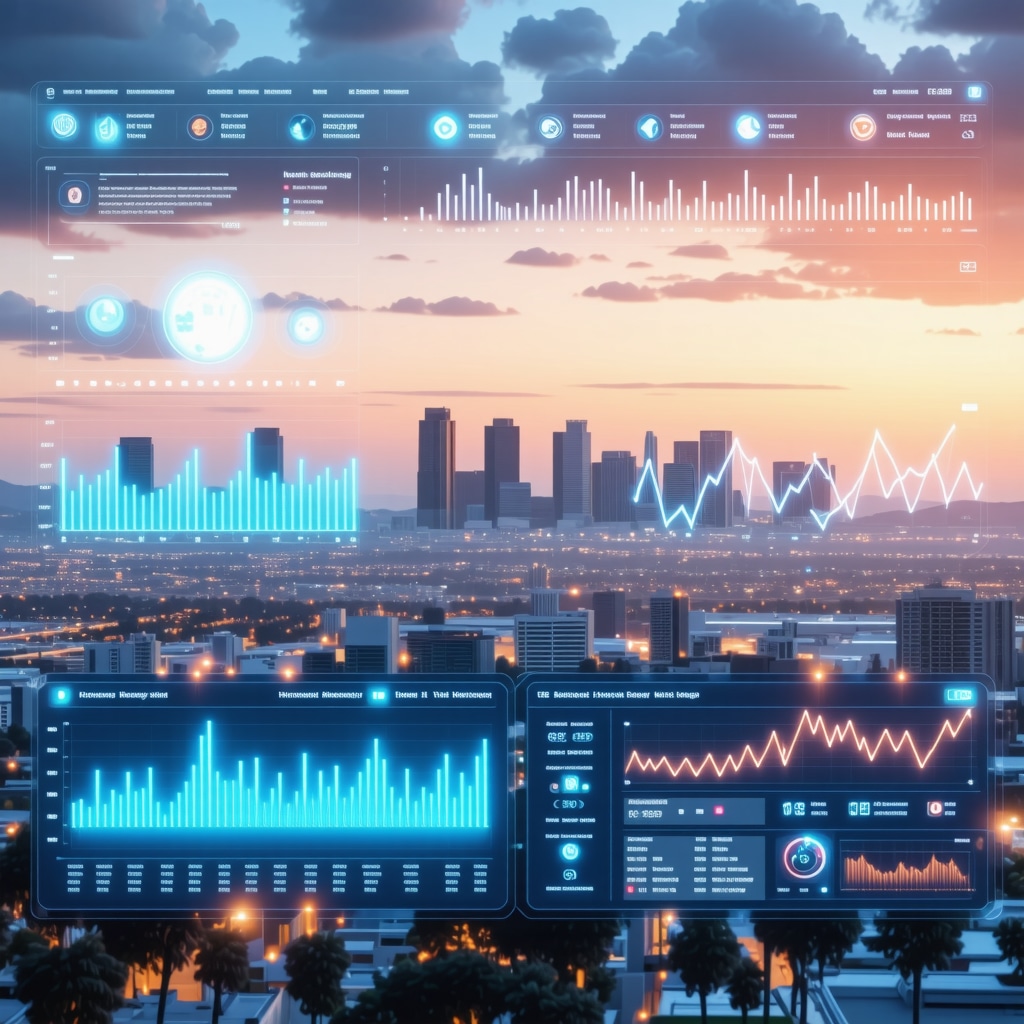 Futuristic digital health dashboard showing hormone levels and genetic data with San Diego skyline