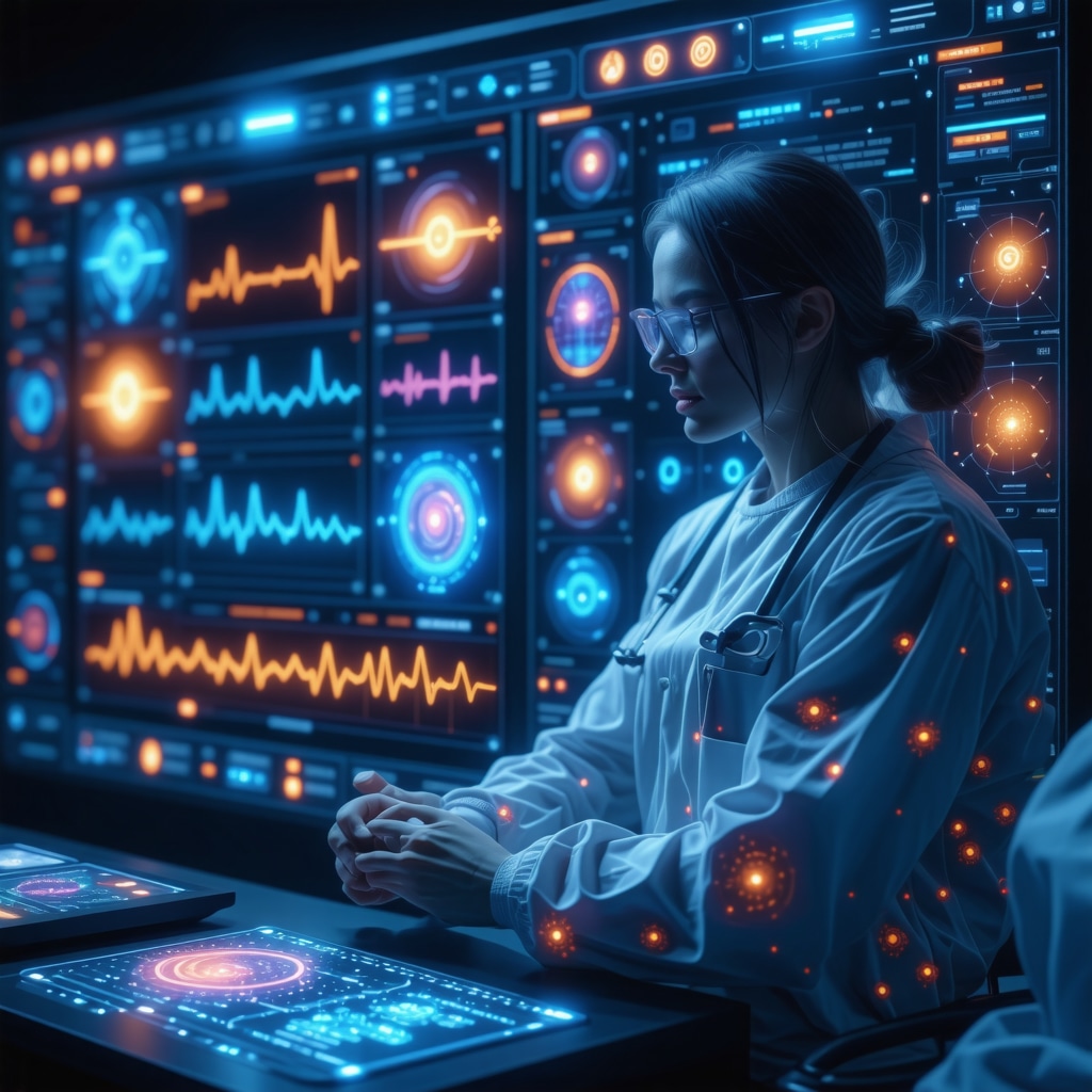 Futuristic interface showing hormone levels, AI analytics, and microbiome data for hormone pellet therapy