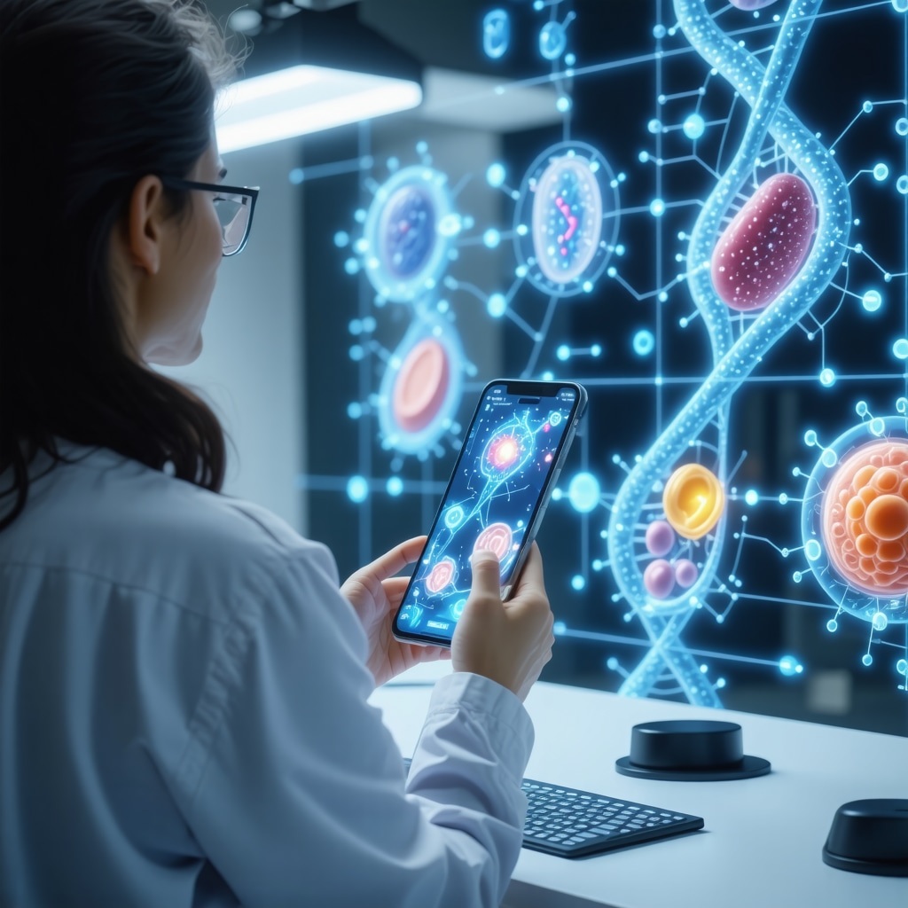 Patient using digital app with DNA and microbiome graphics illustrating advanced hormone therapy