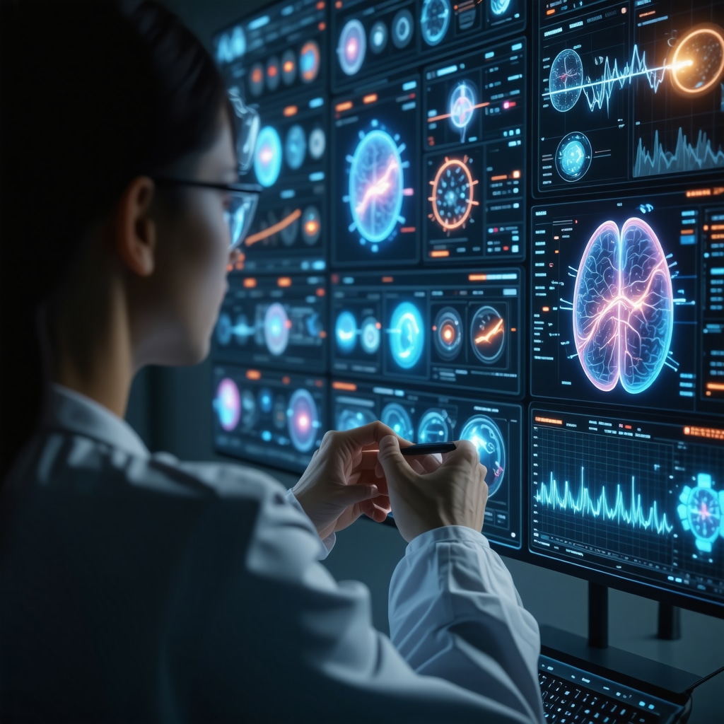 Healthcare professional reviewing genetic and hormone level data on advanced digital displays during patient consultation