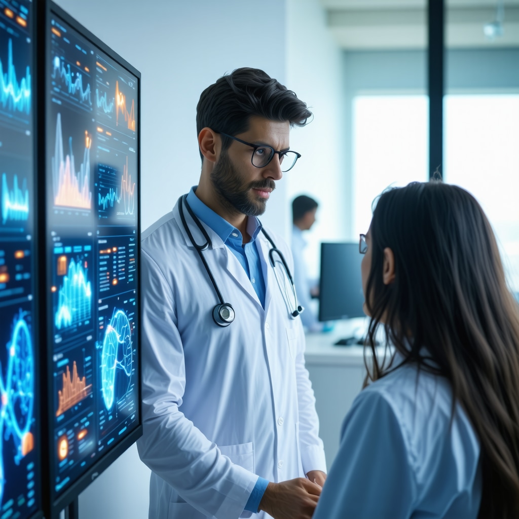 Doctor and patient reviewing genomic data and digital health metrics during testosterone therapy consultation