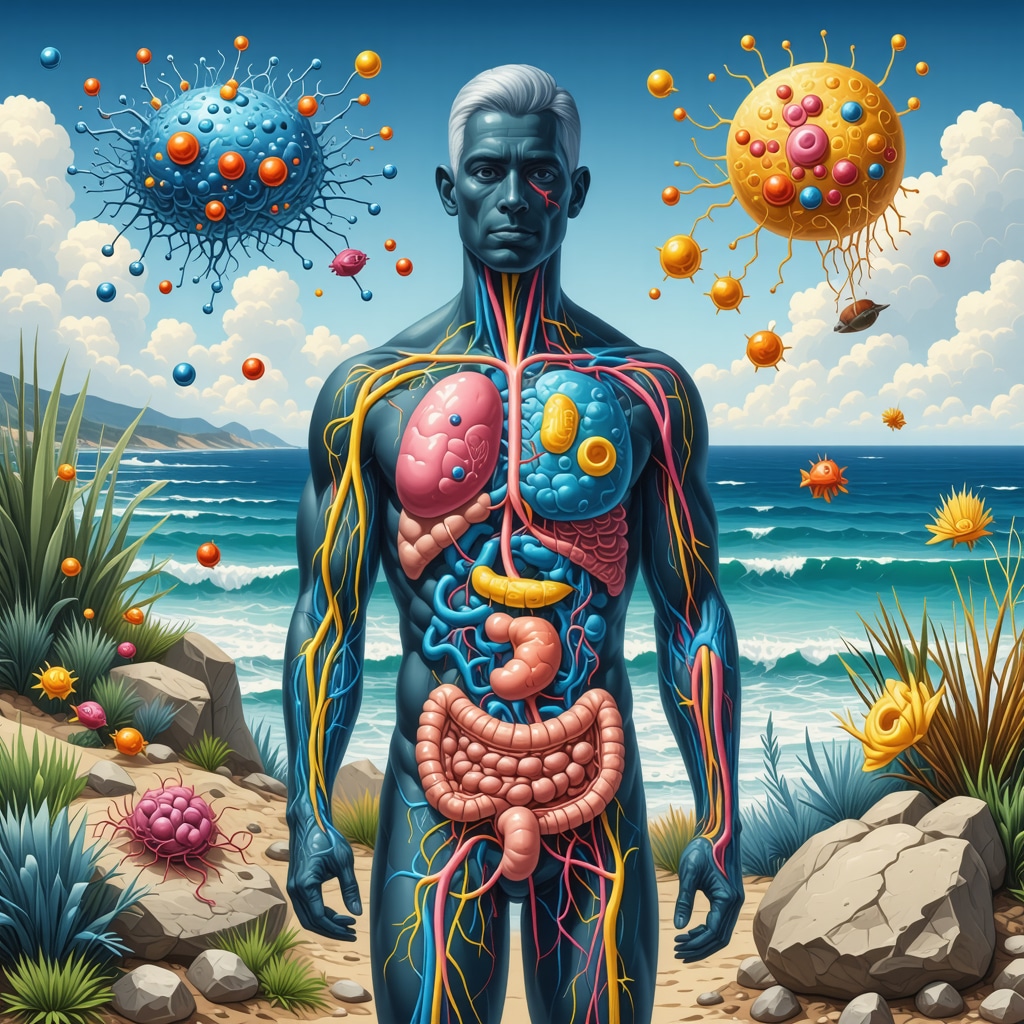 Illustration of gut microbiota producing metabolites affecting hormone signaling pathways with San Diego coastal scenery