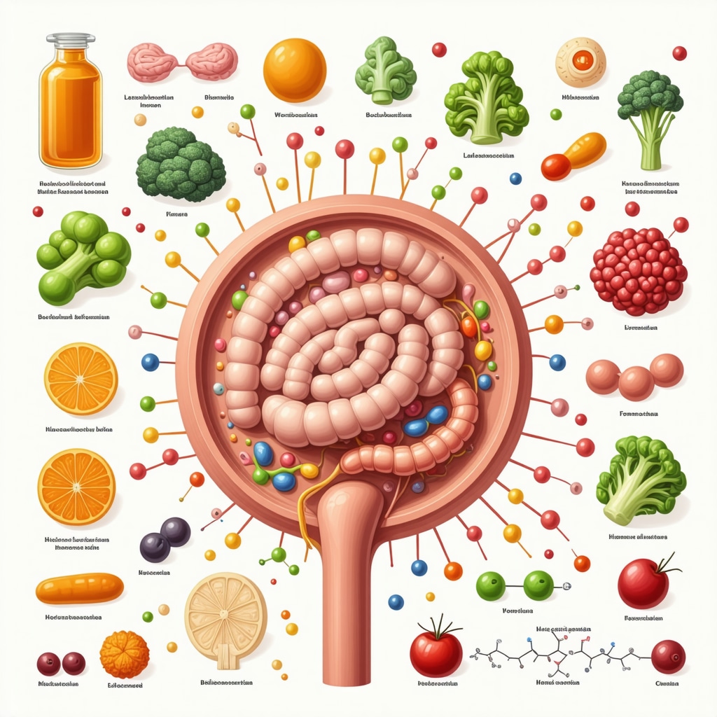 Illustration showing gut bacteria influencing hormone metabolism with dietary elements and hormone pathways