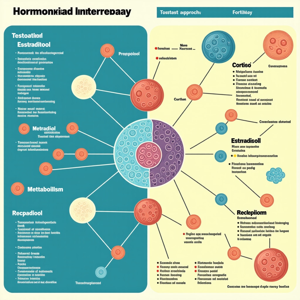 Diagram showing testosterone metabolism, receptor sensitivity, and personalized hormone therapy strategies