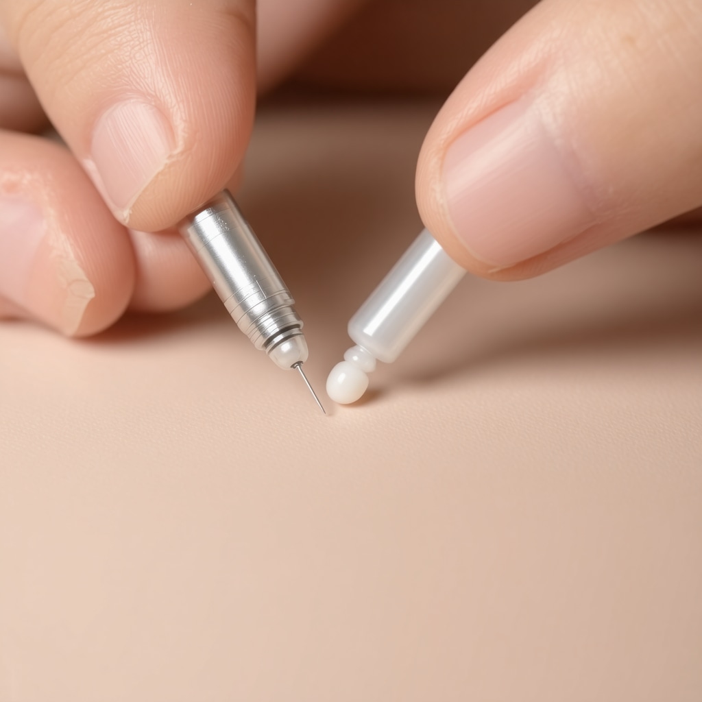 Close-up of hormone pellet implantation procedure with medical professional's hands