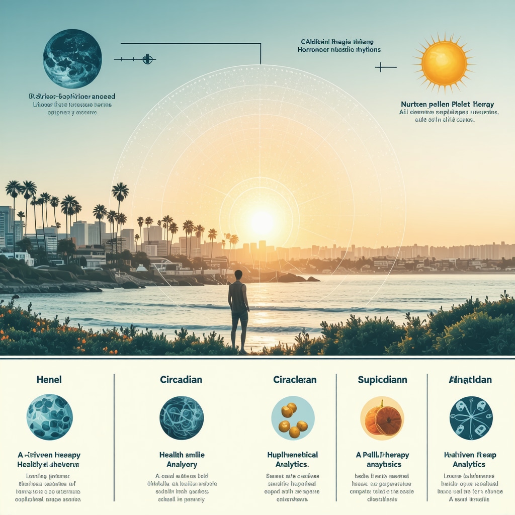 Infographic showing circadian rhythm optimization, AI health monitoring, and nutraceutical support for hormone pellet therapy recovery with San Diego coast background