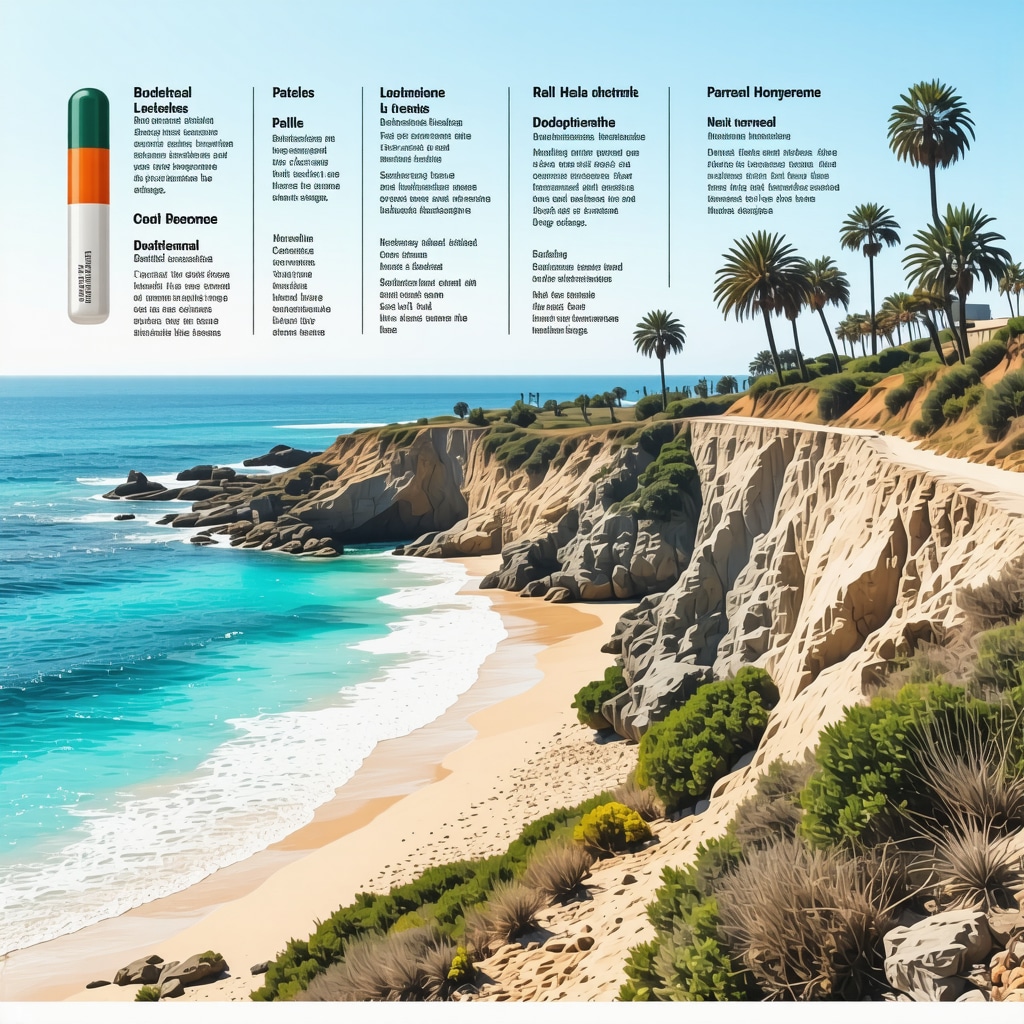 Infographic illustrating hormone levels throughout the day with bioidentical hormone delivery methods like pellets, creams, patches, set against La Jolla coastline