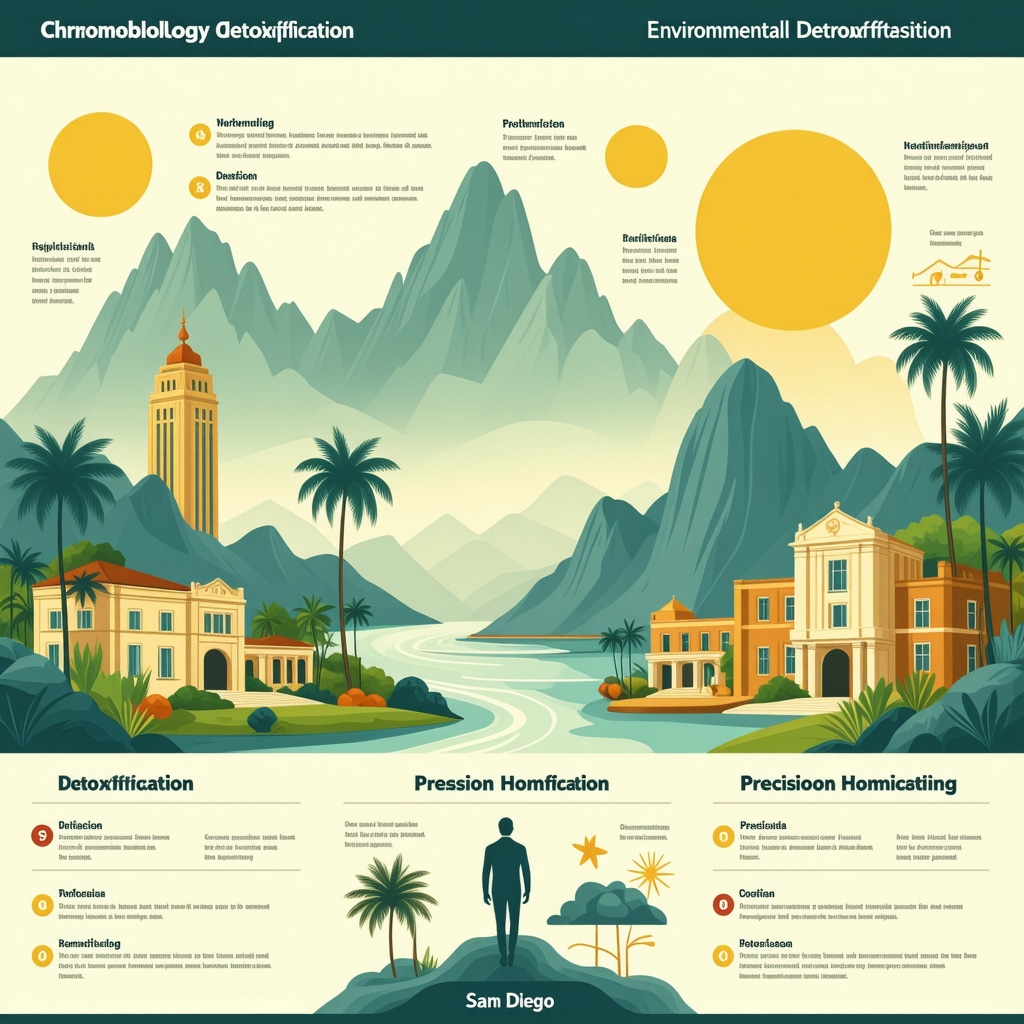 Infographic showing the synergy of circadian rhythm management, environmental toxin reduction, and advanced hormone testing for testosterone enhancement in San Diego