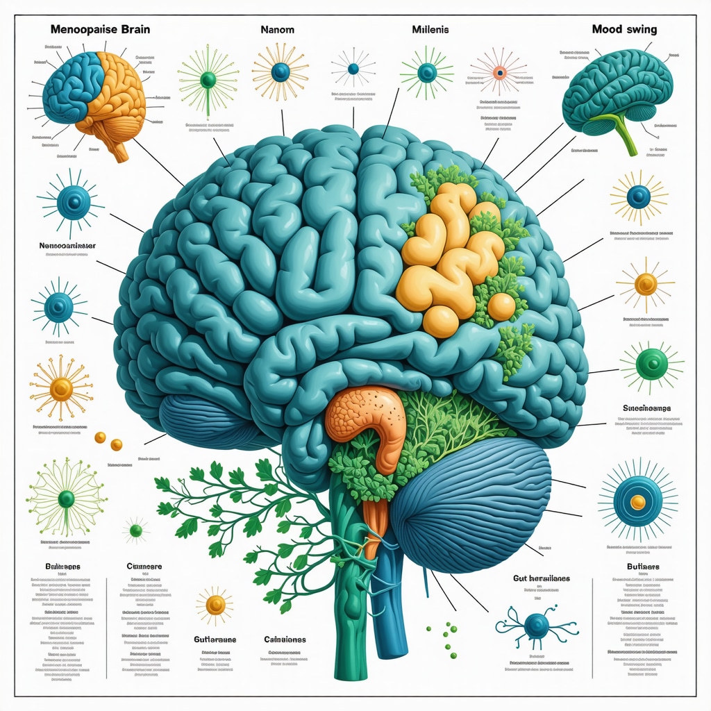 Infographic depicting the gut-brain axis showing neurotransmitter and hormone interactions affecting menopause mood swings