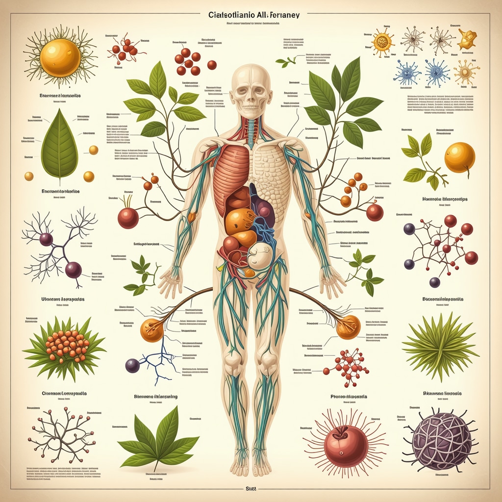 Illustration of herbal compounds interacting with endocrine glands and gut microbiota for hormone balance