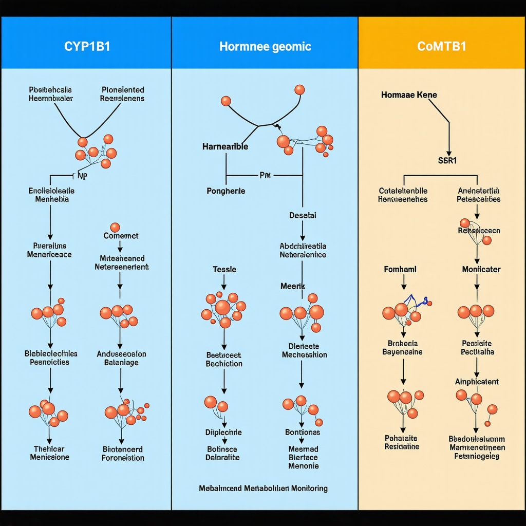 Diagram showing hormone metabolic pathways, gene polymorphisms affecting hormone therapy, and advanced biomarker techniques for cancer risk assessment