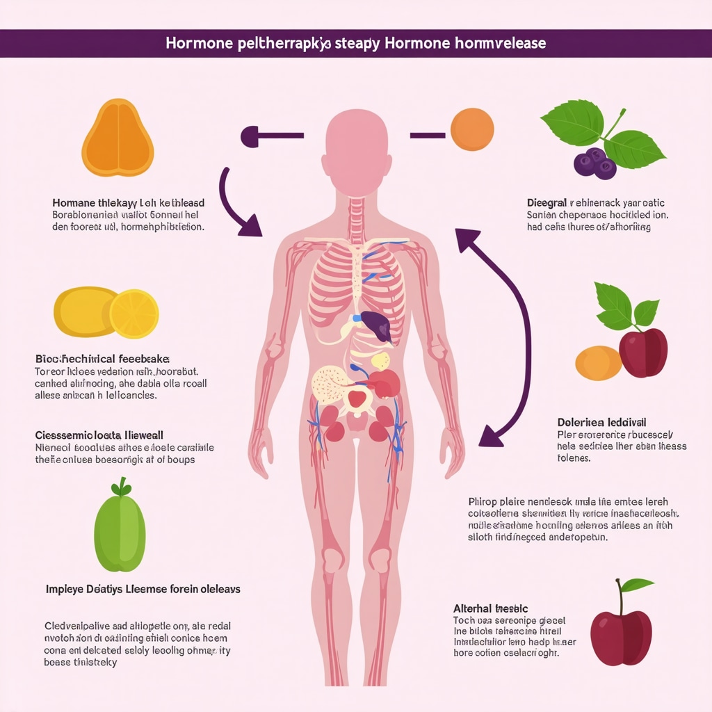Infographic showing steady hormone release from pellets, endocrine feedback mechanisms, and lifestyle integration