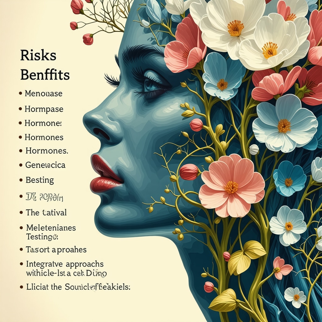 Infographic showing advanced risk-benefit analysis and integrative menopause hormone therapy strategies in San Diego clinics