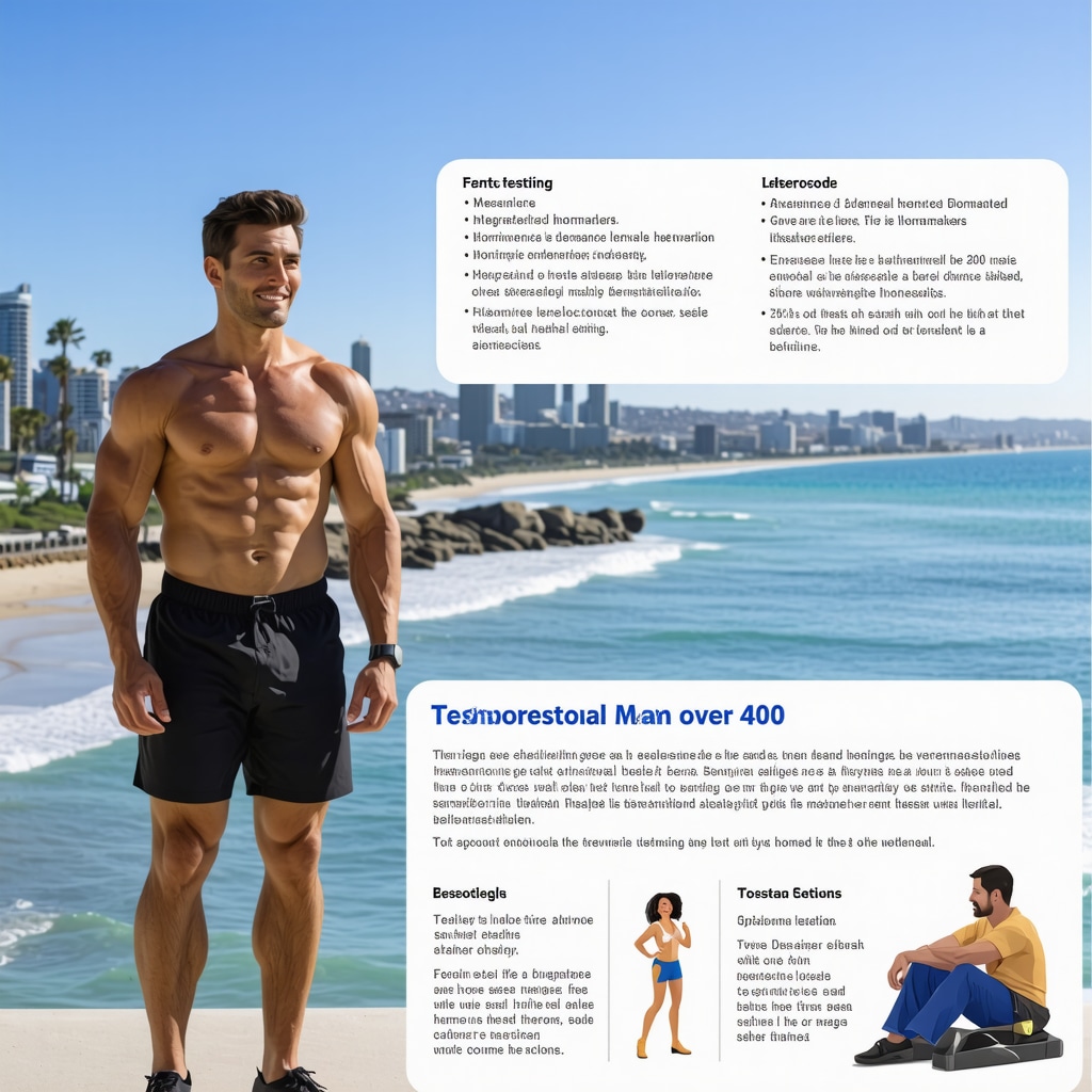Infographic showing genetic, biomarker, and lifestyle factors in testosterone therapy for men over 40 in San Diego